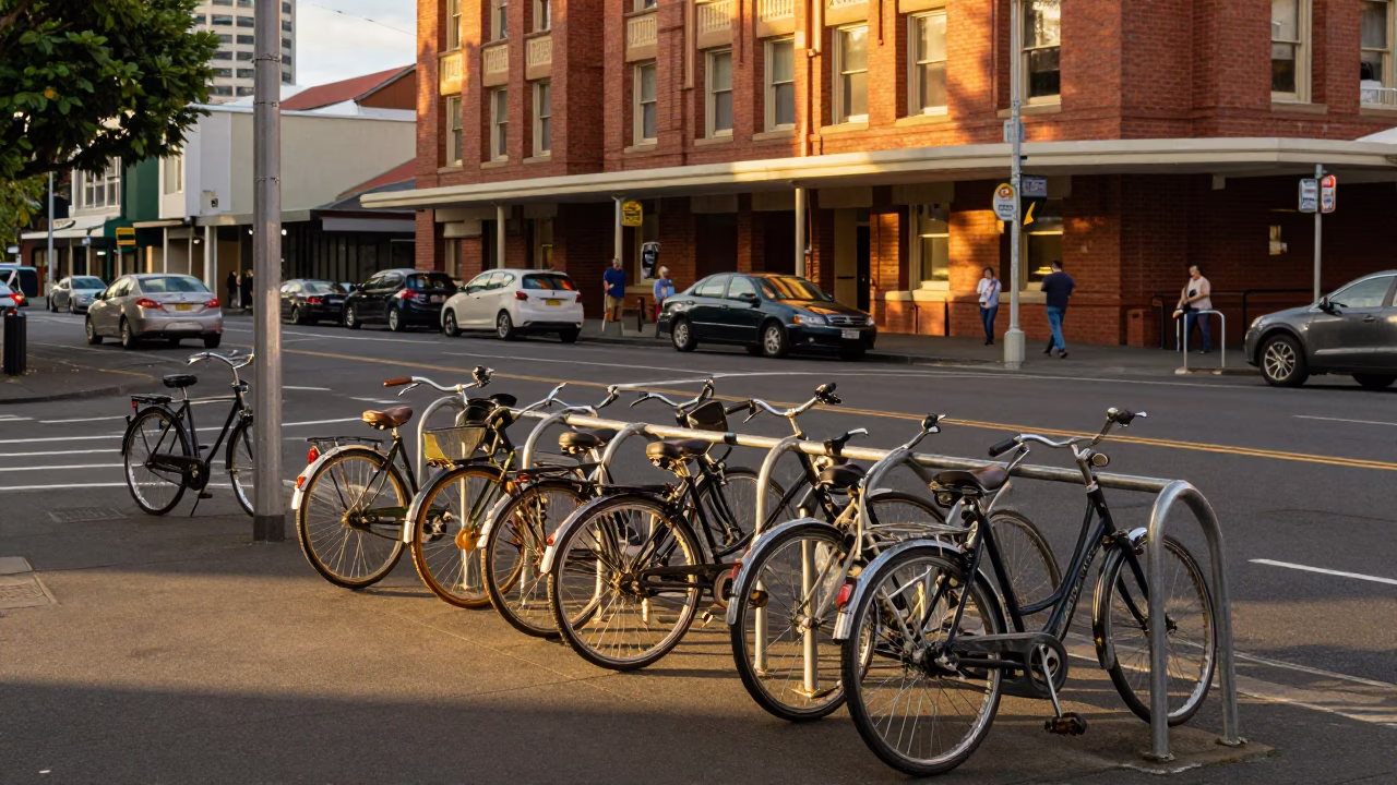 Busy Auckland Street Scene at Golden Hour with Vintage Bicycle Rack and Urban Details in in Auckland, New Zealand