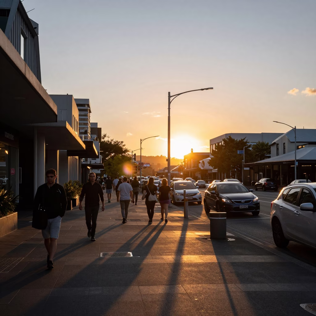 Busy Auckland Street Scene at Sunset with Clear Glass Wall and Linen Fringe in in Auckland, New Zealand