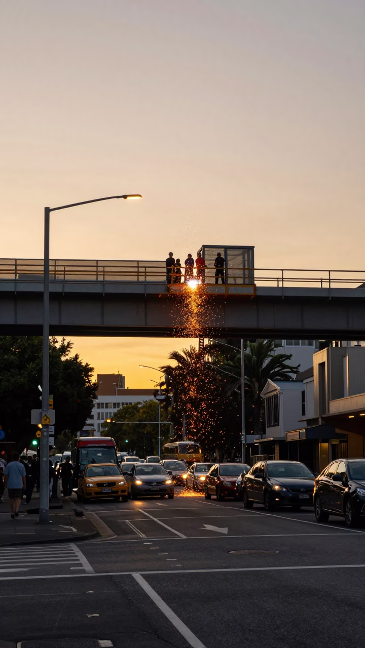 Busy Auckland Street Scene at Sunset with Construction Sparks and Urban Details in in Auckland, New Zealand