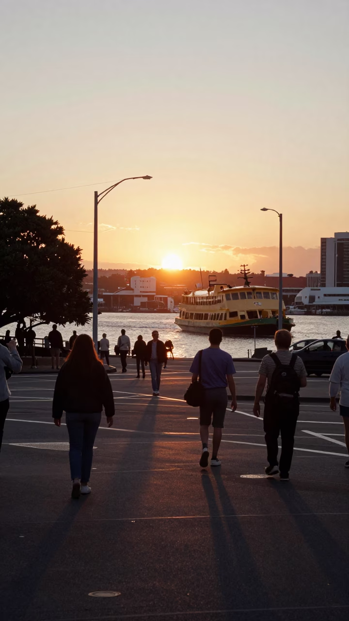 Busy Auckland Street Scene at Sunset with Ferry and Urban Details in in Auckland, New Zealand