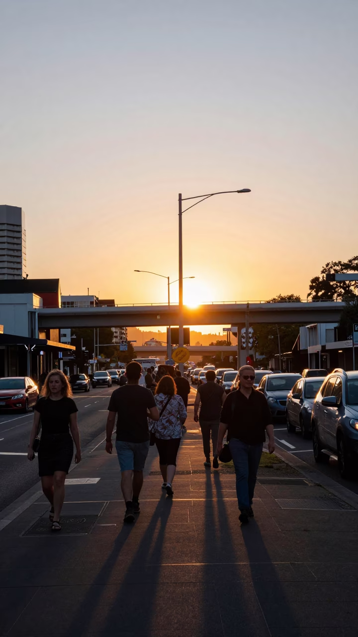 Busy Auckland Street Scene at Sunset with Highway Flyover and Pedestrians in in Auckland, New Zealand