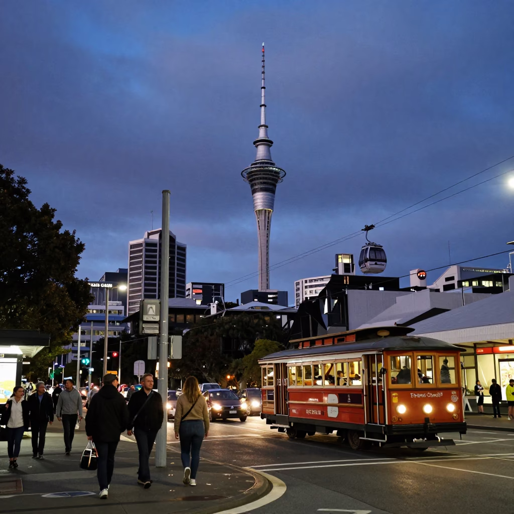Busy Auckland Street Scene at Twilight with Cable Car and Condensation on Cup in in Auckland, New Zealand
