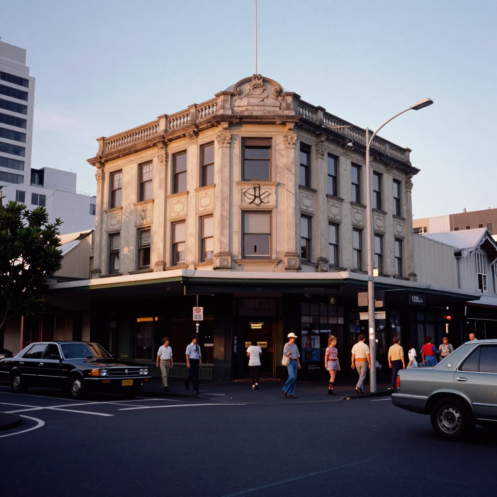 Busy Auckland Street Scene Early Evening 1980s with Cracked Stucco and Bicycle Basket in in Auckland, New Zealand