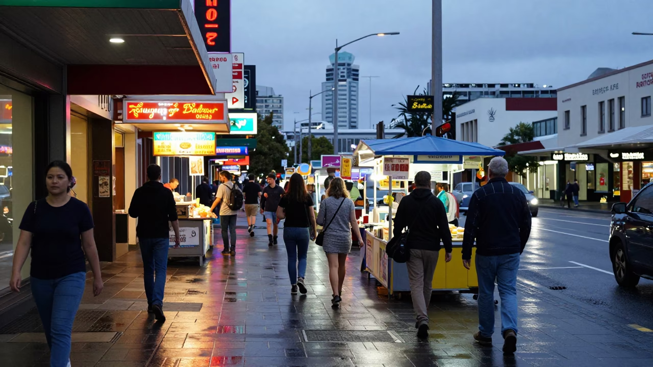 Busy Auckland Street Scene Early Evening with Food Vendors and Pedestrians in in Auckland, New Zealand