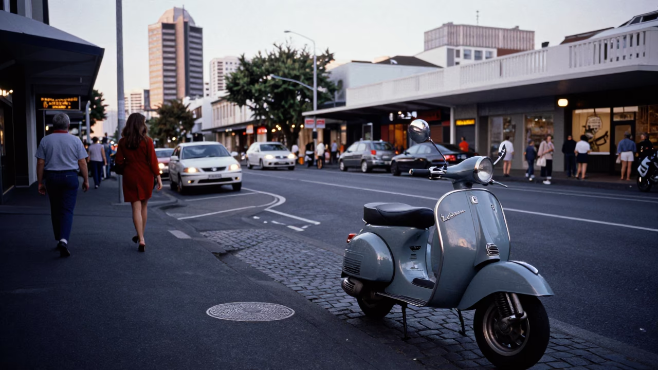 Busy Auckland Street Scene Early Evening with Vintage Vespa and Brushed Steel Wall in in Auckland, New Zealand