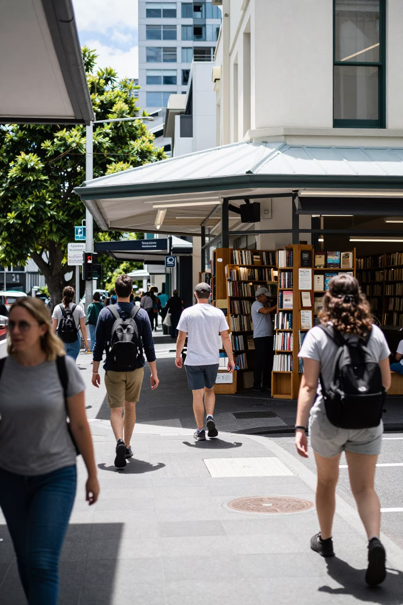 Busy Auckland Street Scene in Bright Midmorning Light with Vintage 1990s Atmosphere in in Auckland, New Zealand