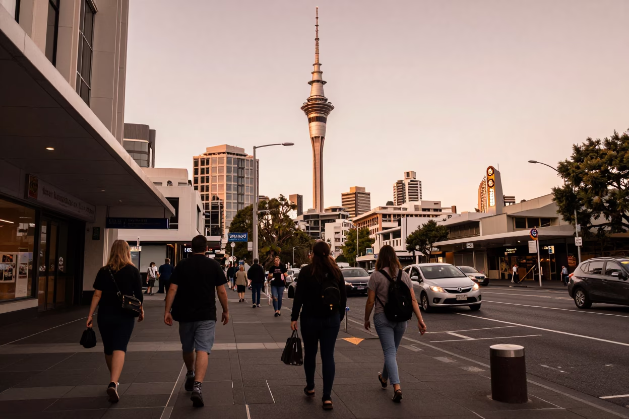 Busy Auckland Street Scene in Copper Toned Light Before Dusk with Local Pedestrians in in Auckland, New Zealand