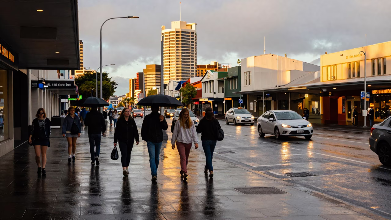 Busy Auckland Street Scene in Honeyed Evening Light with Ceramic Pitcher and Glass Bucket in in Auckland, New Zealand
