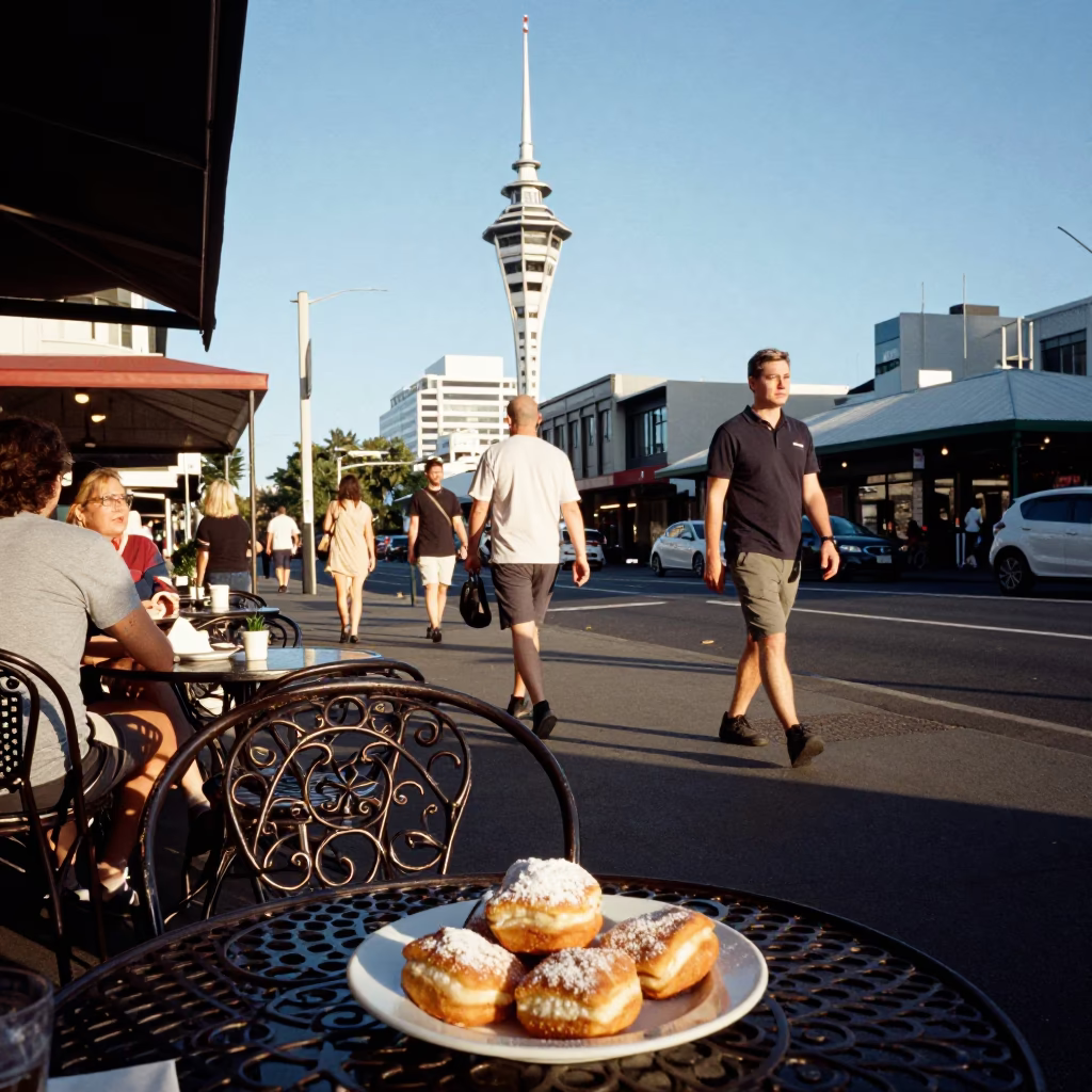 Busy Auckland Street Scene in Late Afternoon Light with Urban Details in in Auckland, New Zealand