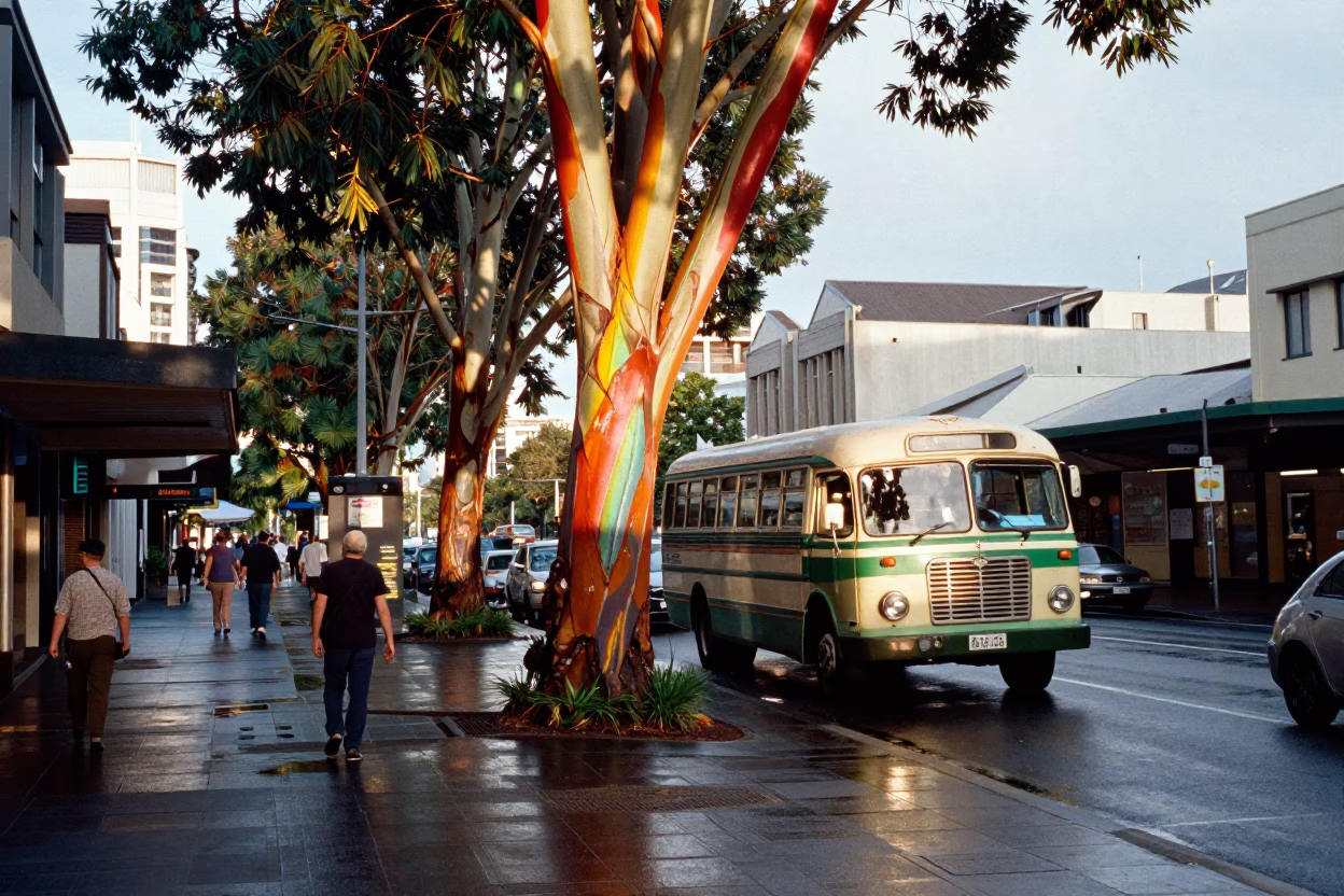 Busy Auckland Street Scene Just After Sunrise with Rainbow Eucalyptus Bark in in Auckland, New Zealand