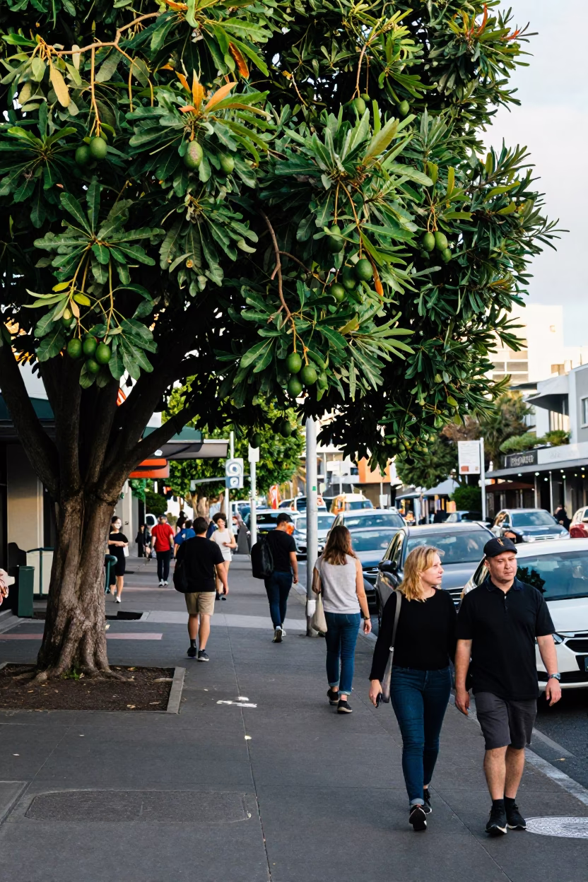 Busy Auckland Street Scene Late Morning with Avocado Tree and Motorcycle on Mountain Switchback in in Auckland, New Zealand
