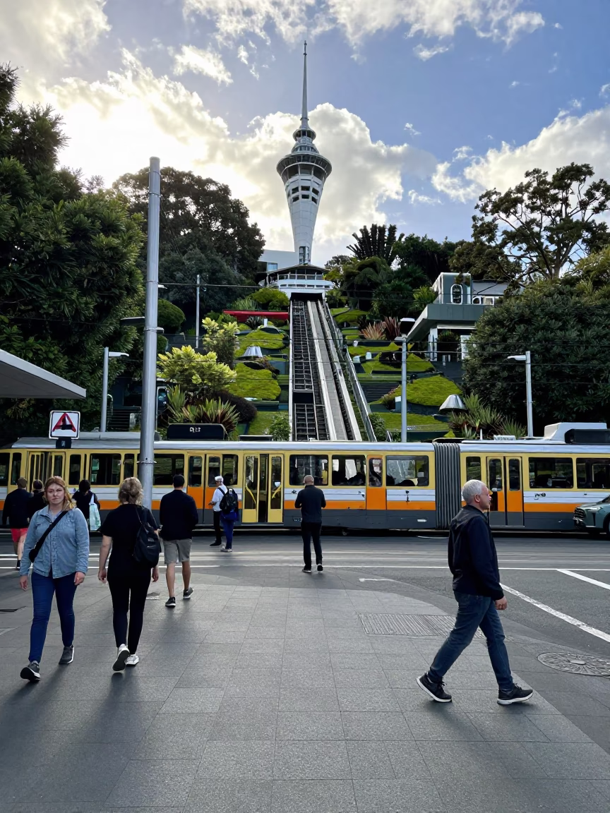 Busy Auckland Street Scene Late Morning with Funicular and Urban Life in in Auckland, New Zealand