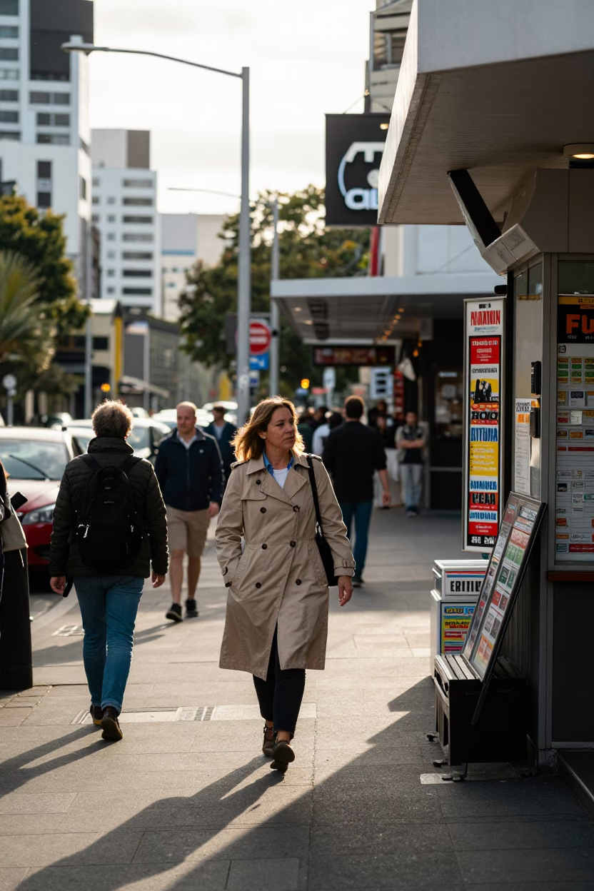 Busy Auckland Street Scene Late Morning with Pedestrians and City Architecture in in Auckland, New Zealand