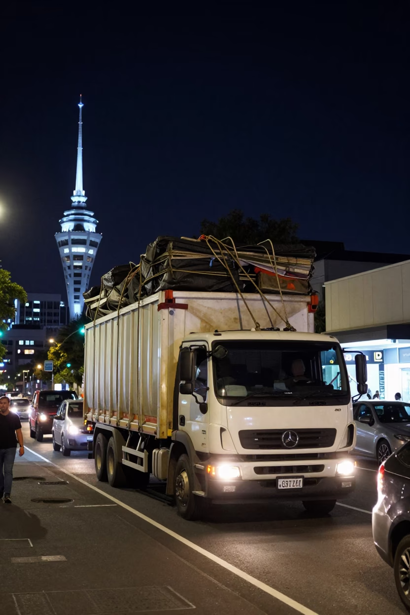 Busy Auckland Street Scene Under Deep Night Sky With Overloaded Truck And Urban Details in in Auckland, New Zealand