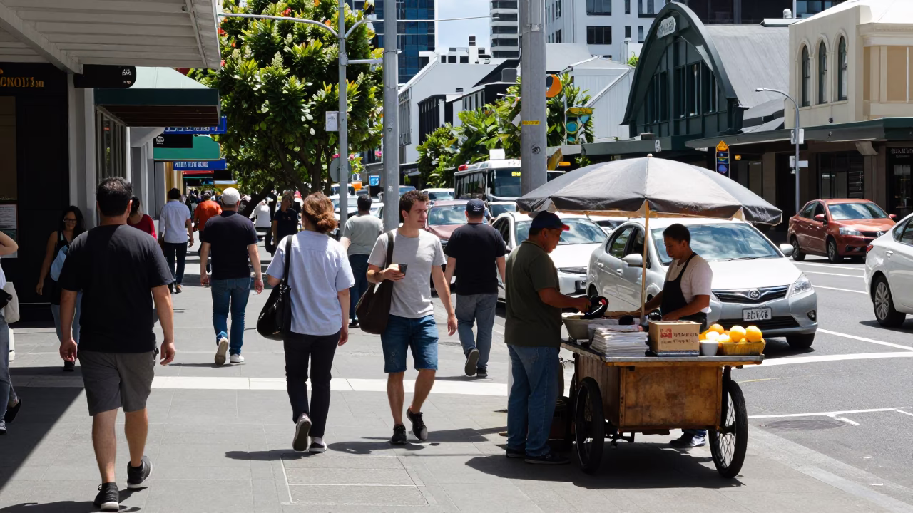 Busy Auckland Street Scene Under Flat Noon Light with Local Interaction in in Auckland, New Zealand