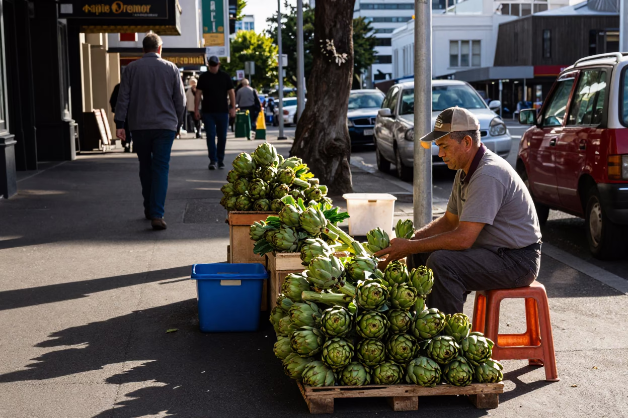 Busy Auckland Street Scene with Artichokes and Vintage 1960s Atmosphere in in Auckland, New Zealand