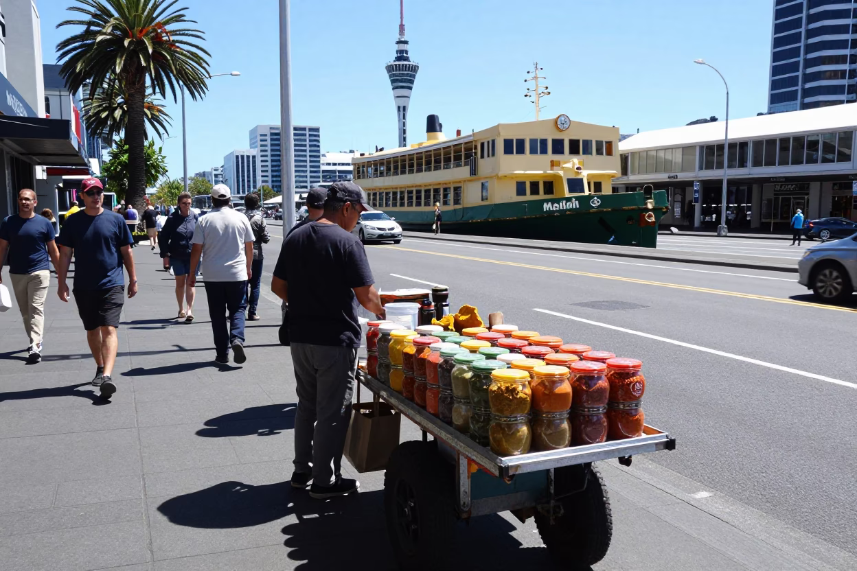 Busy Auckland Street Scene with Mail Boat Under Noon Glare in in Auckland, New Zealand
