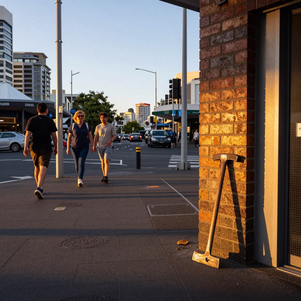 Busy Auckland Sunset Street Scene with Pavers and Urban Details in in Auckland, New Zealand