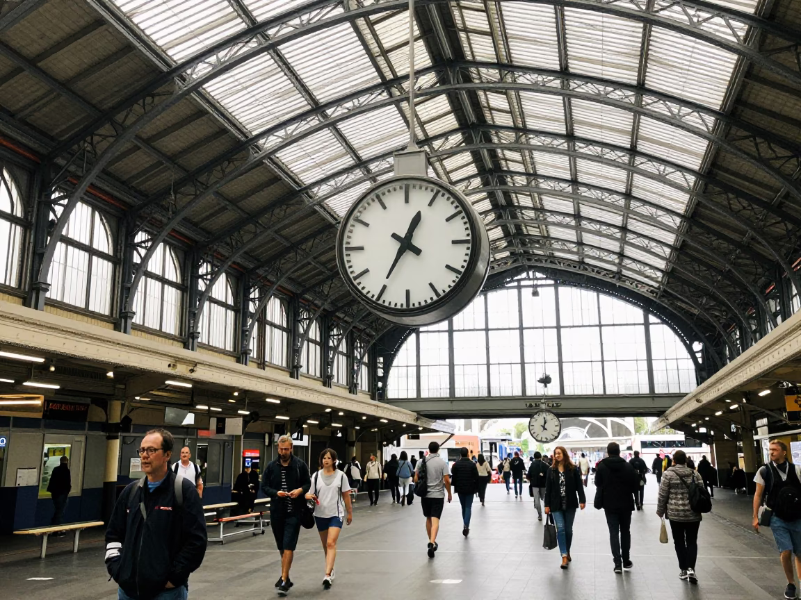 Busy Auckland Train Station Clock Under Vaulted Iron Roof at Noon in in Auckland, New Zealand