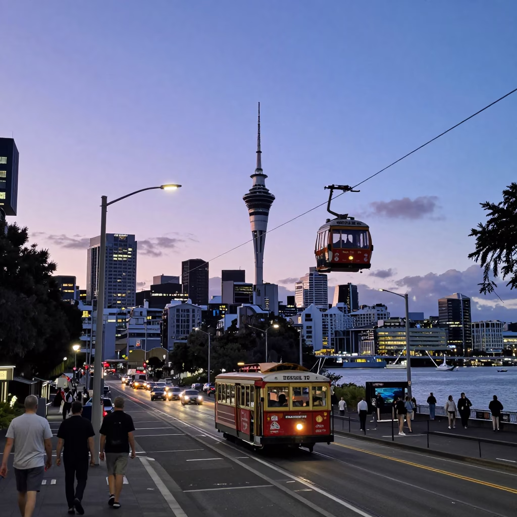 Busy Auckland Twilight Street Scene with Cable Car and Urban Life in in Auckland, New Zealand