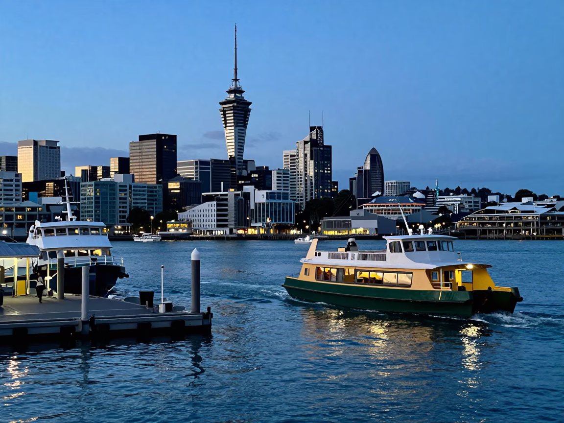 Busy Auckland waterfront at dawn with water taxi and harbor activity in in Auckland, New Zealand