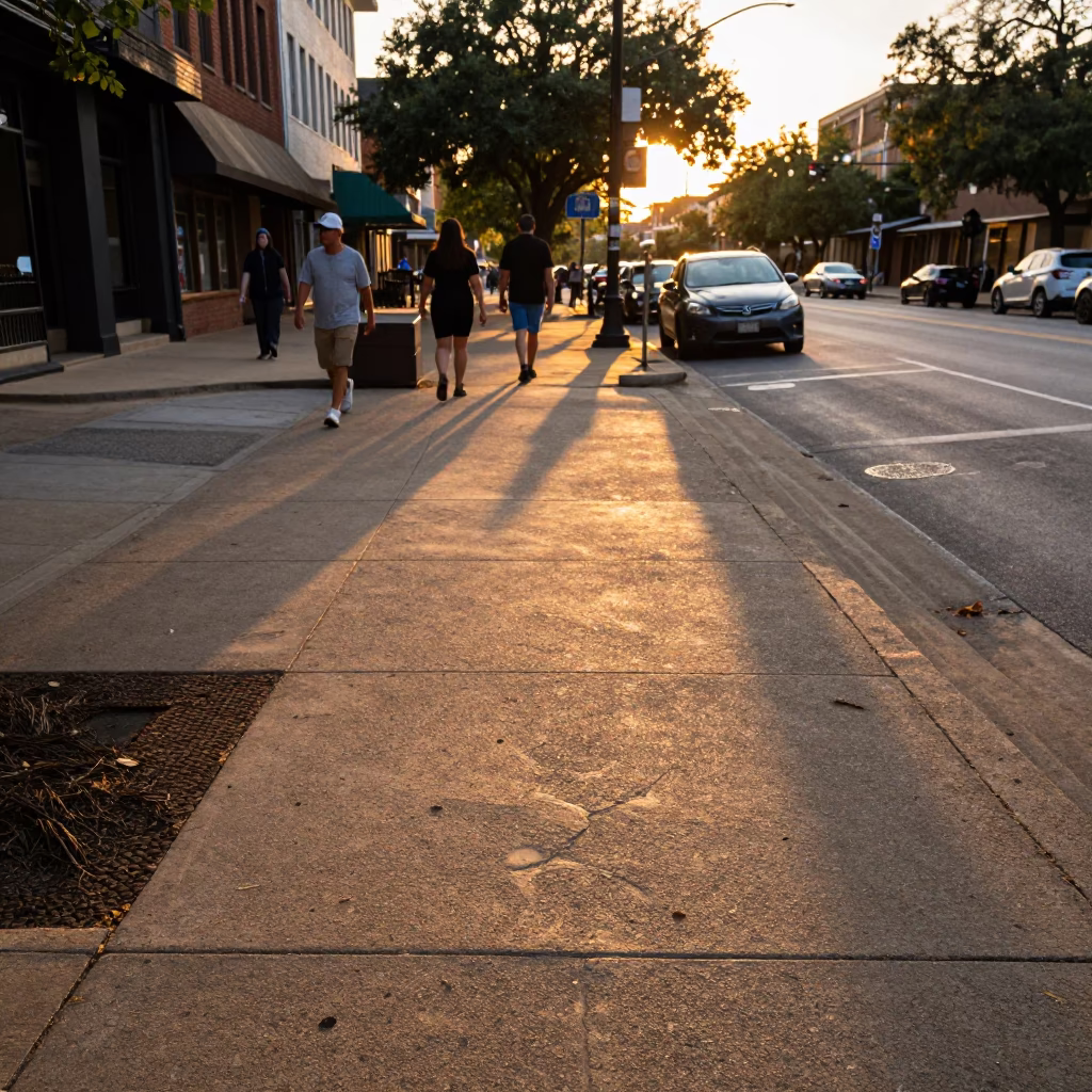 Busy Austin Sidewalk Scene During Golden Hour with Local Street Details in in Austin, Texas, United States