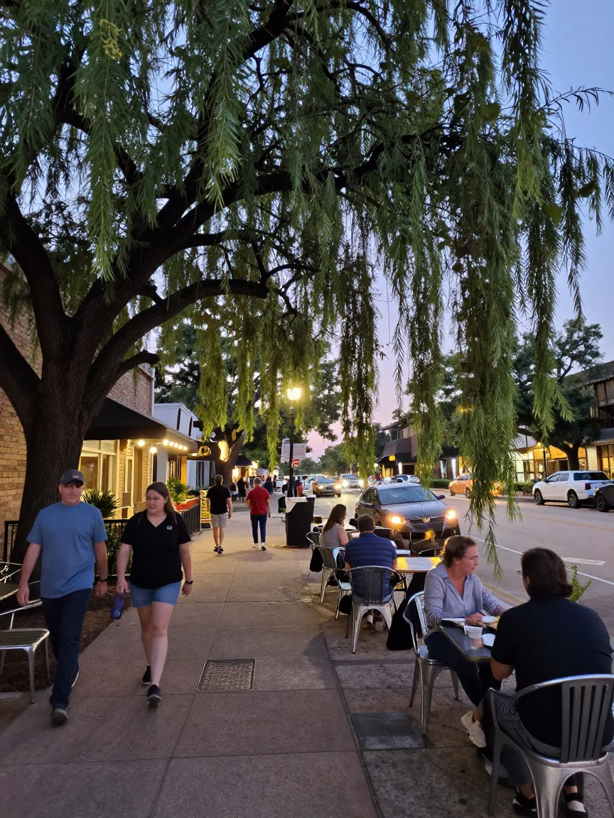 Busy Austin Texas Early Evening Street Scene with Weeping Willow and Local Activity in in Austin, Texas, United States