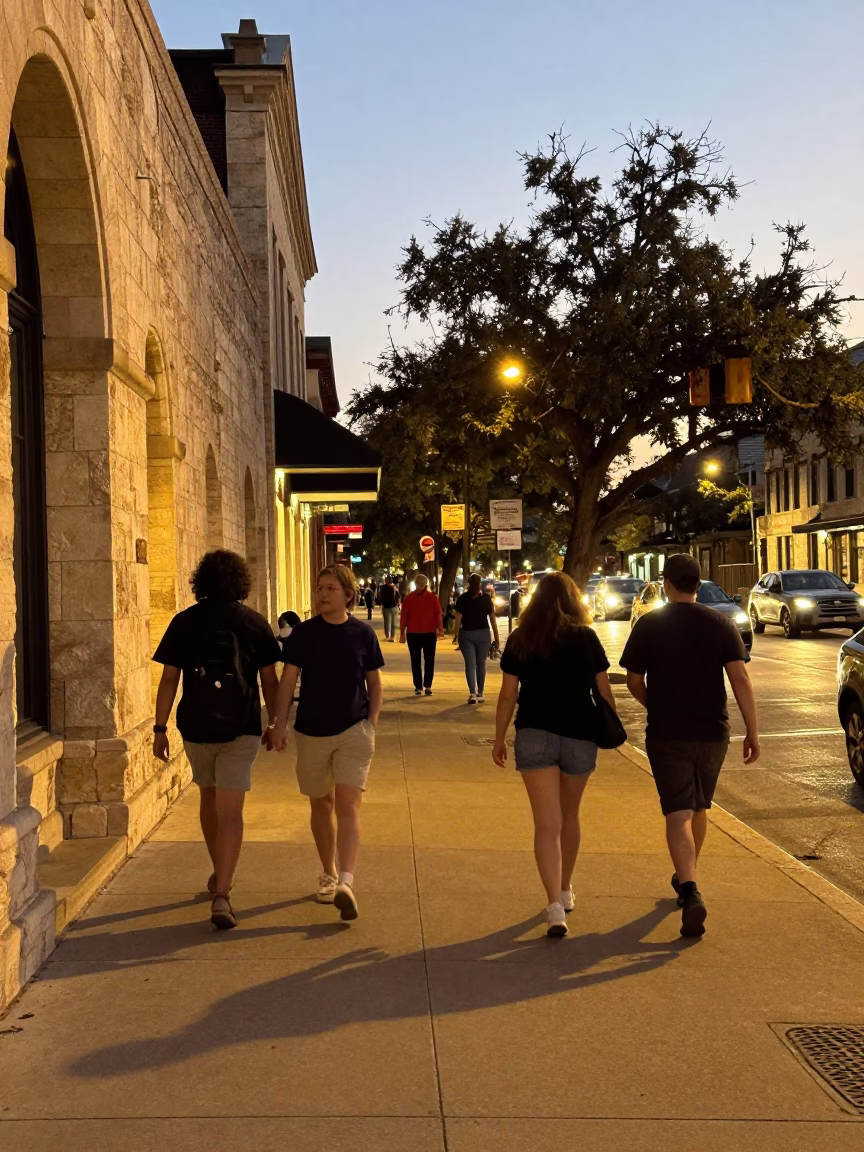 Busy Austin Texas Evening Street Scene with Local Pedestrians and Urban Architecture in in Austin, Texas, United States