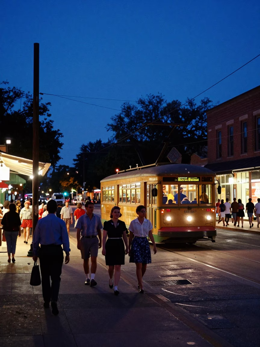 Busy Austin Texas Evening Street Scene with Tramcar and Local Life in in Austin, Texas, United States