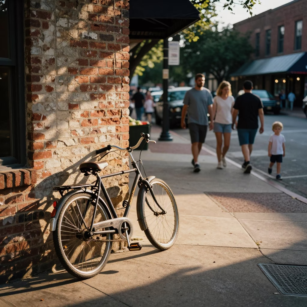 Busy Austin Texas Late Afternoon Street Scene with Vintage Bicycle and Rusty Latch Details in in Austin, Texas, United States