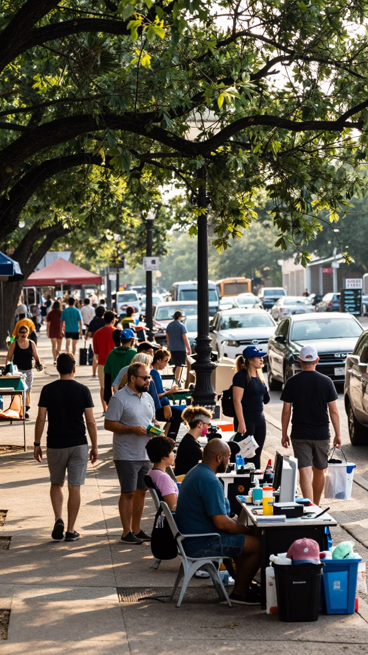 Busy Austin Texas Late Morning Street Scene with Local Vendors and Pedestrians in in Austin, Texas, United States