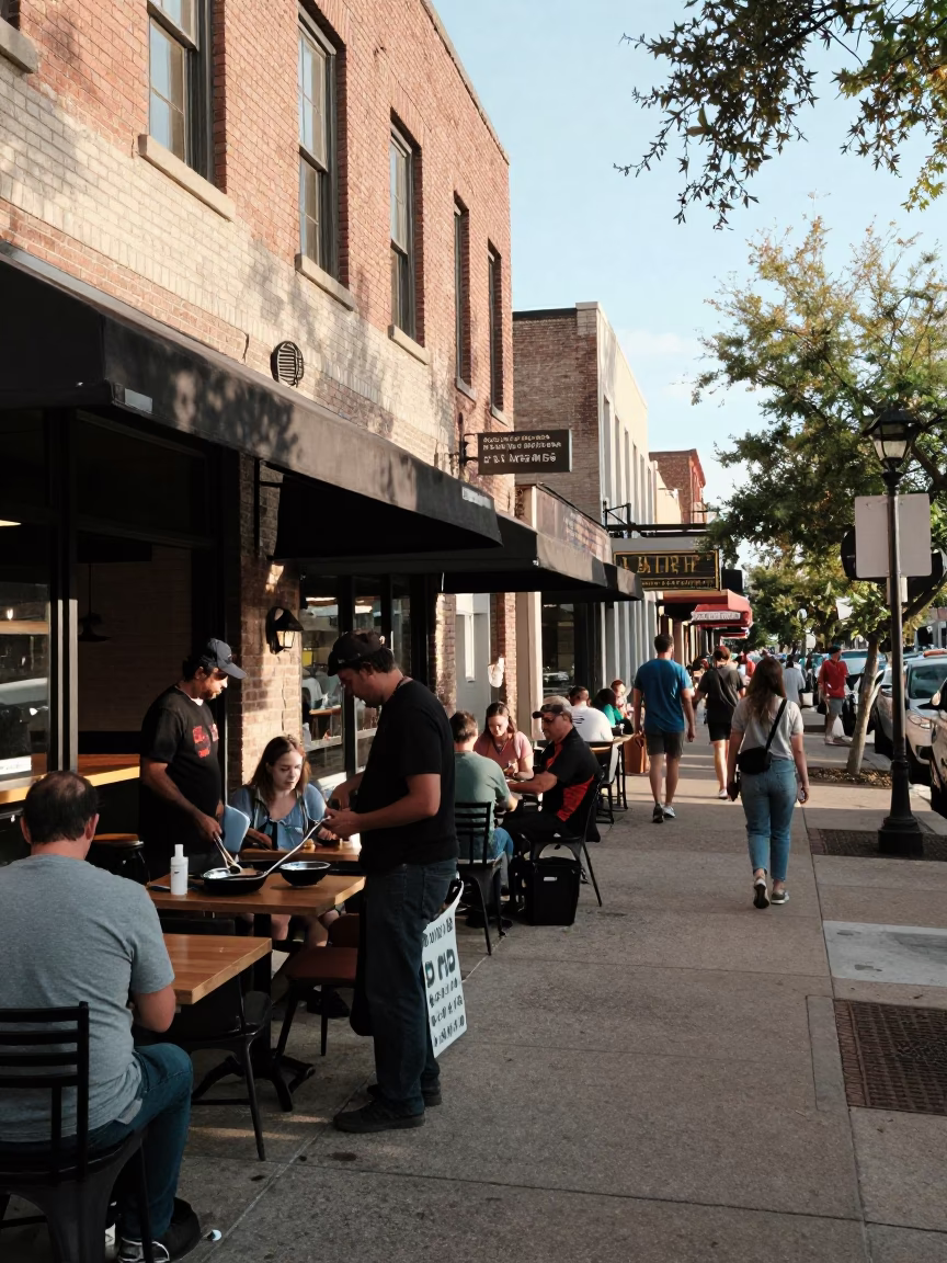 Busy Austin Texas Late Morning Street Scene with Skillet and Tea Kettle in in Austin, Texas, United States
