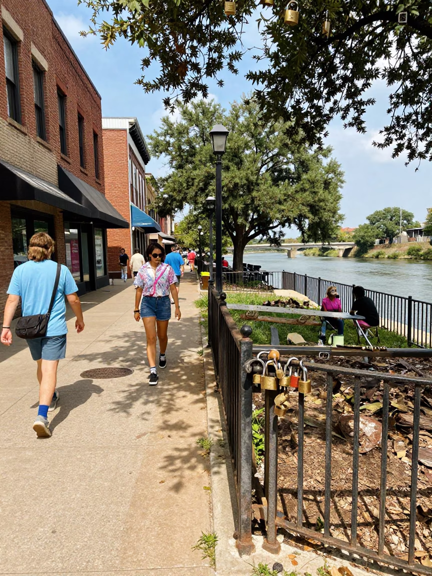 Busy Austin Texas Midday Street Scene with Padlock and Local Life in in Austin, Texas, United States