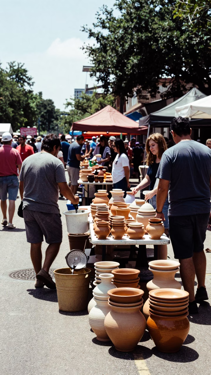 Busy Austin Texas Midday Street Scene with Sink Strainer and Local Market Activity in in Austin, Texas, United States