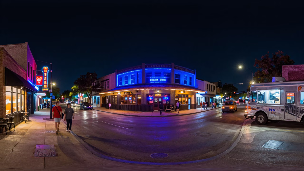 Busy Austin Texas Night Street Scene with Neon Lights and Urban Activity in in Austin, Texas, United States