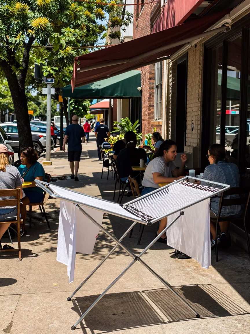 Busy Austin Texas Sidewalk Café Noon Sun Drying Rack and Stone Wall in in Austin, Texas, United States