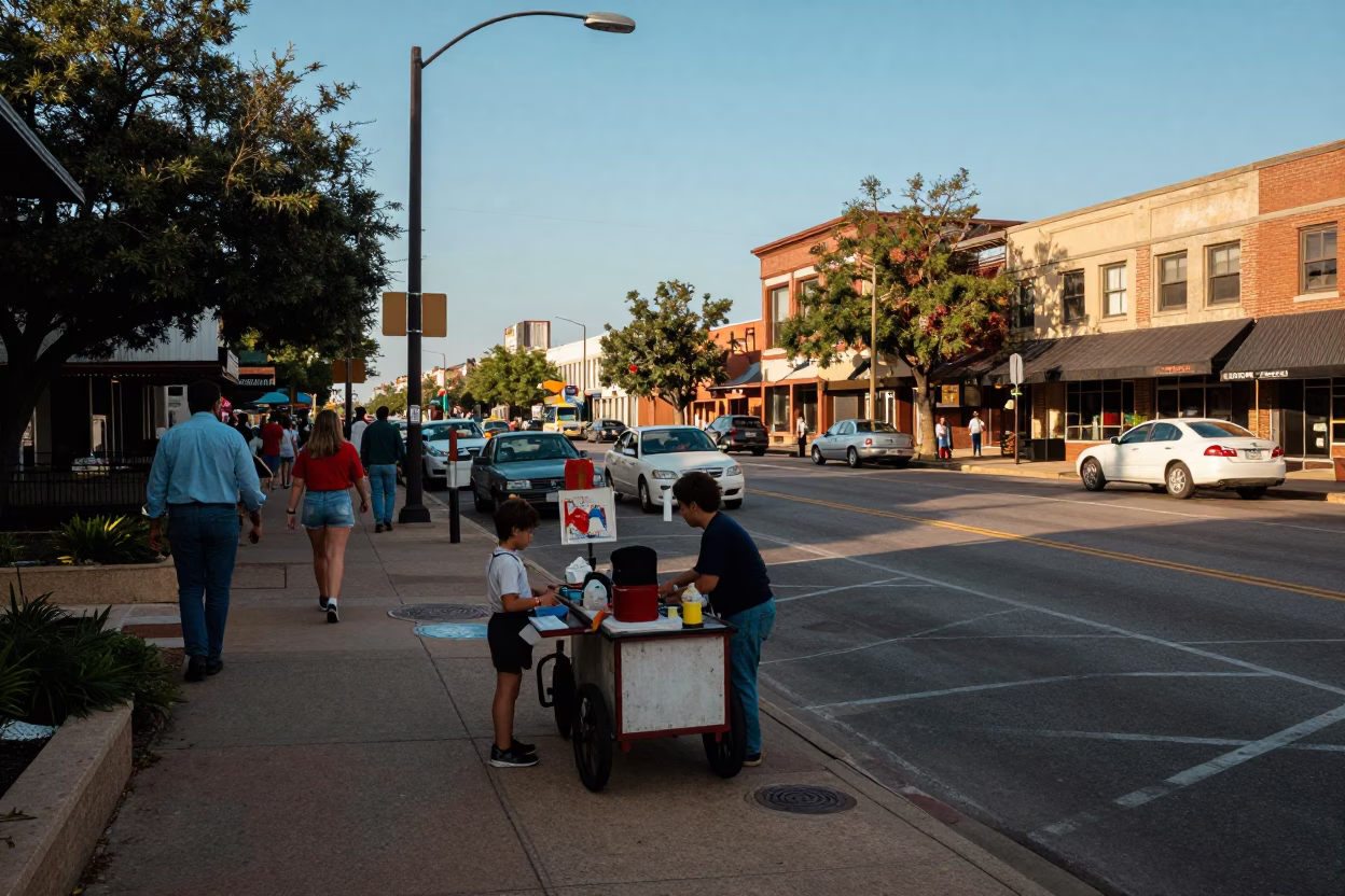 Busy Austin Texas Street Scene 1980s Late Afternoon Light with Local Food and Traffic in in Austin, Texas, United States