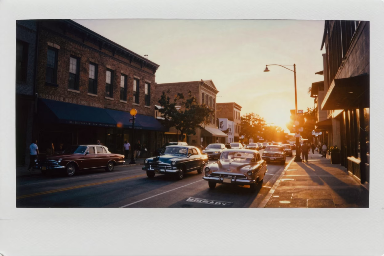 Busy Austin Texas Street Scene at Sunset with Vintage Cars and Pedestrians in in Austin, Texas, United States