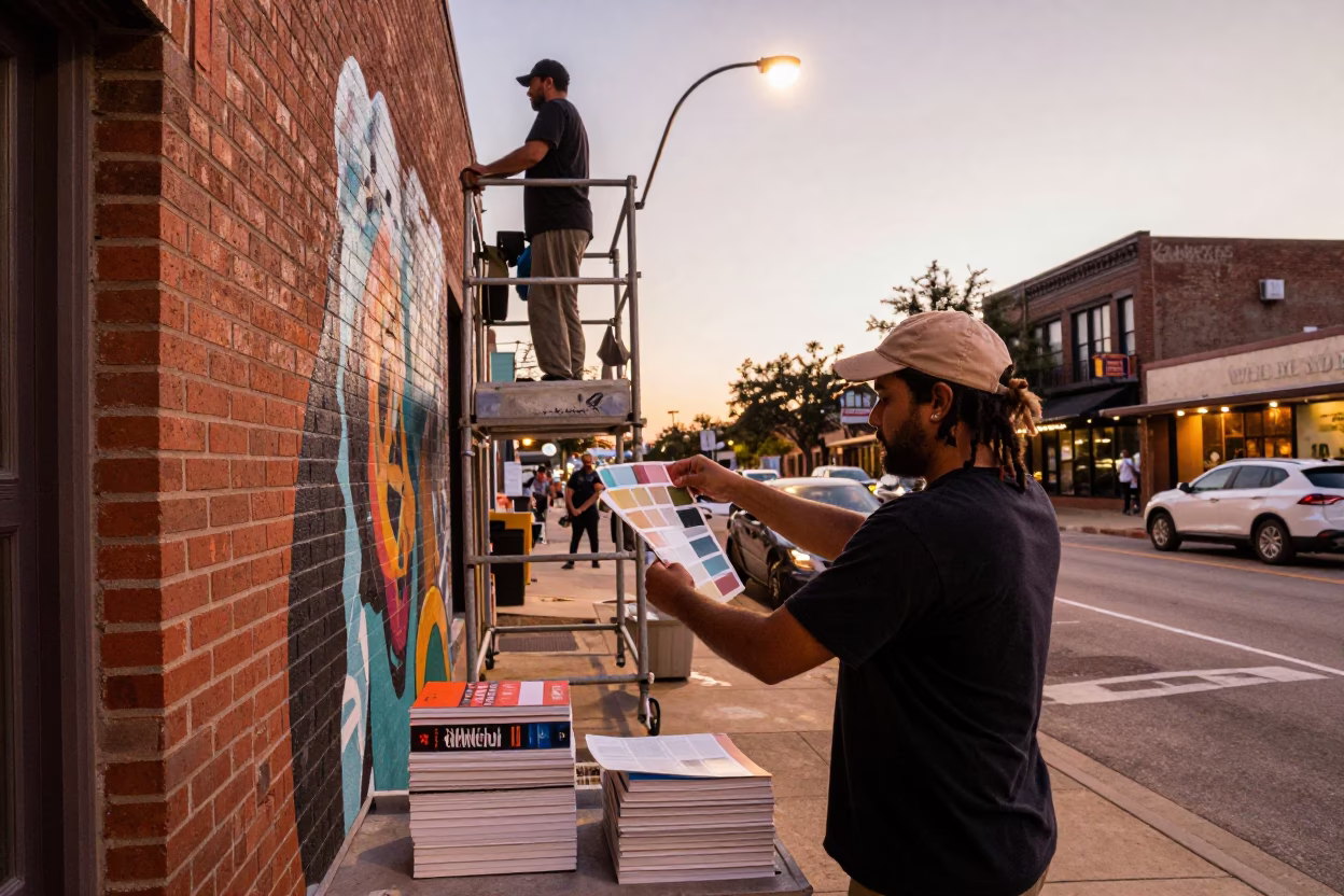 Busy Austin Texas Street Scene Before Dusk with Muralist and Paperbacks in in Austin, Texas, United States