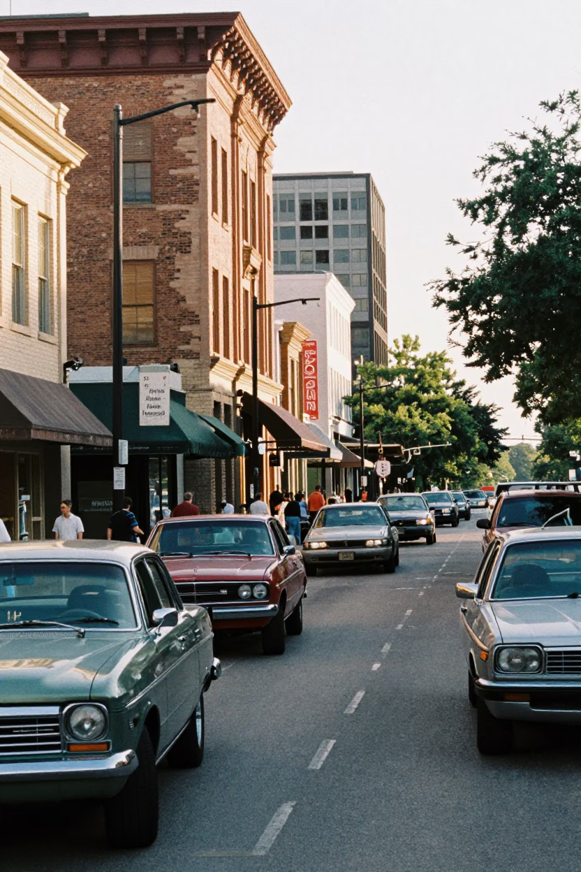 Busy Austin Texas Street Scene Early Afternoon with Vintage Cars and Pedestrians in in Austin, Texas, United States