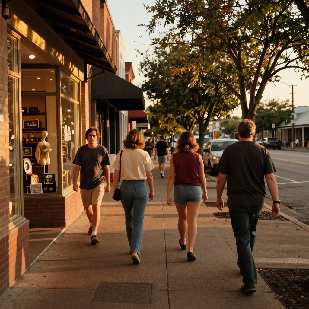 Busy Austin Texas Street Scene Honeyed Evening Light 1970s Vibe in in Austin, Texas, United States