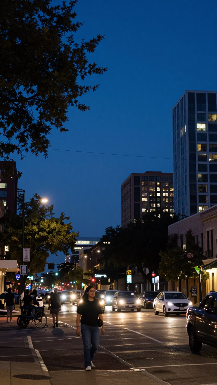 Busy Austin Texas Street Scene in Indigo Twilight with Hanging Air Plant in in Austin, Texas, United States