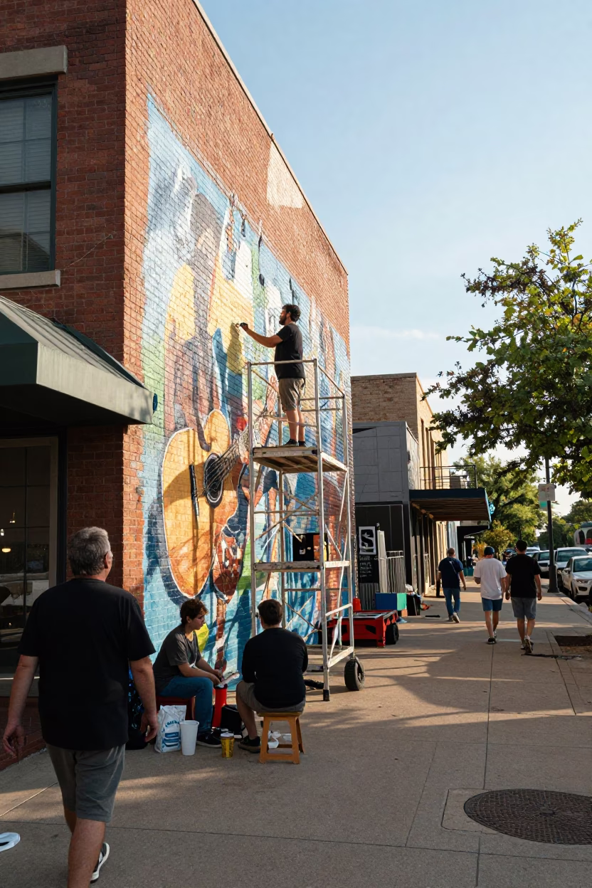 Busy Austin Texas Street Scene Late Morning with Artist Painting Mural and Local Pedestrians in in Austin, Texas, United States
