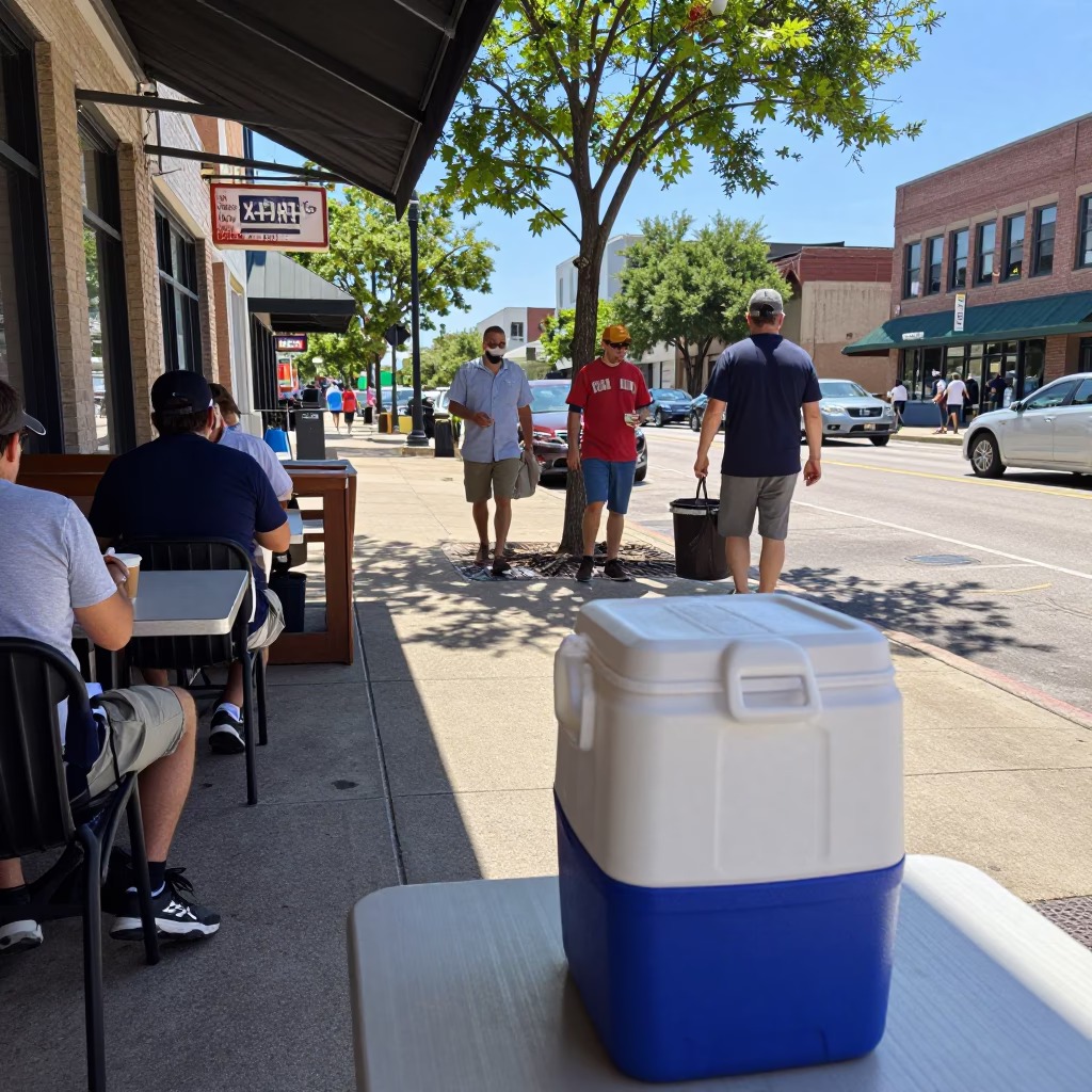 Busy Austin Texas Street Scene Midmorning Light with Baker and Cooler Jug in in Austin, Texas, United States