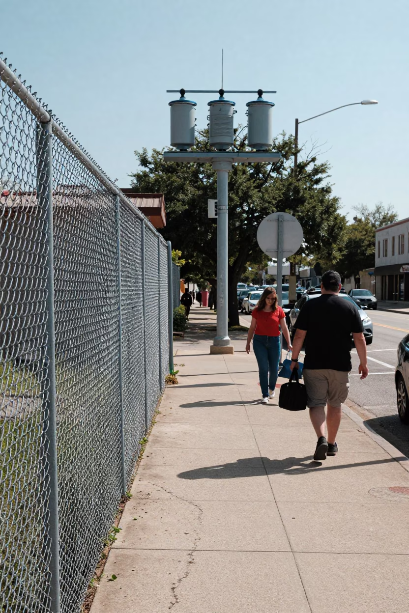 Busy Austin Texas Street Scene Under Noon Sun with Substation Fence and Avocado Tree in in Austin, Texas, United States