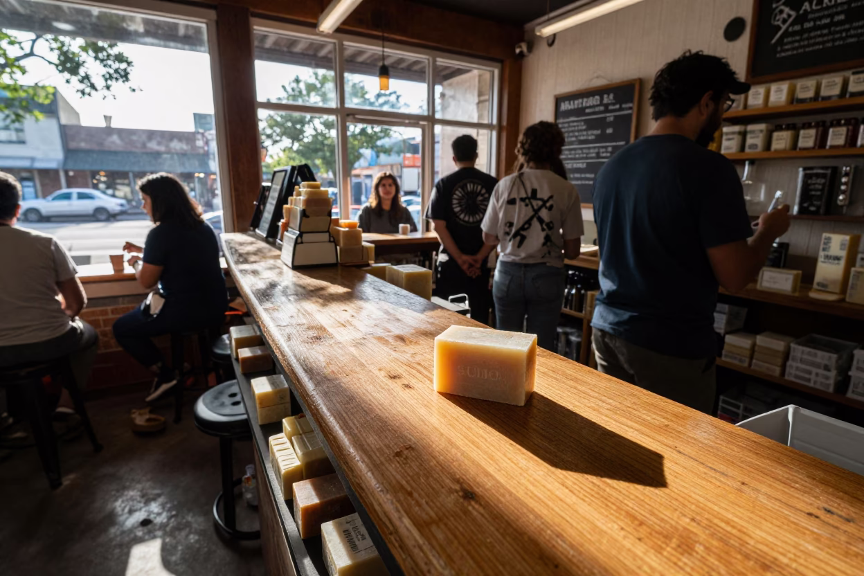 Busy Austin Texas Street Scene with Bar Soap on Counter During Late Morning in in Austin, Texas, United States