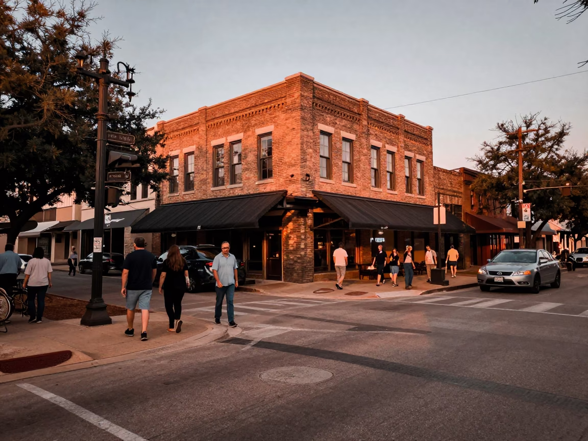 Busy Austin Texas Street Scene with Copper Toned Light Before Dusk and Local Life in in Austin, Texas, United States