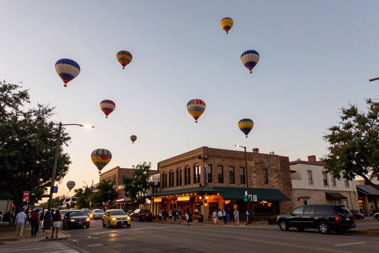 Busy Austin Texas Street Scene with Hot Air Balloons at Early Evening Mass Ascent in in Austin, Texas, United States