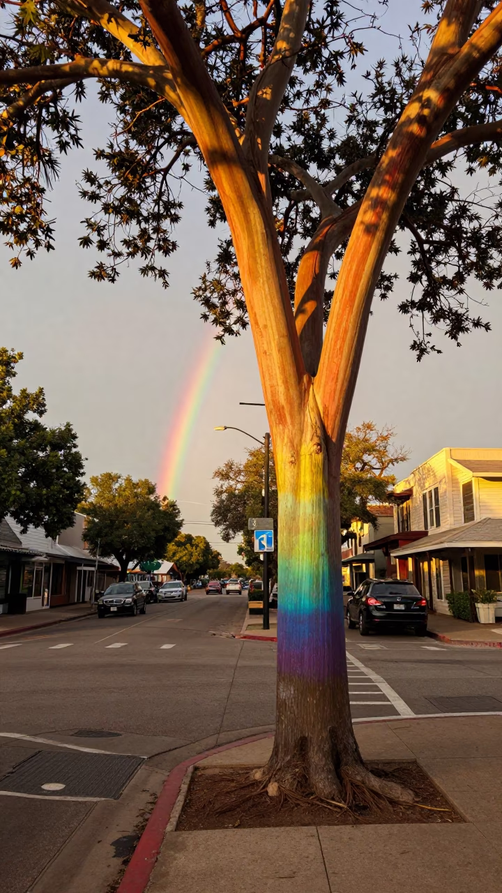 Busy Austin Texas Street Scene with Rainbow Eucalyptus in Honeyed Evening Light in in Austin, Texas, United States