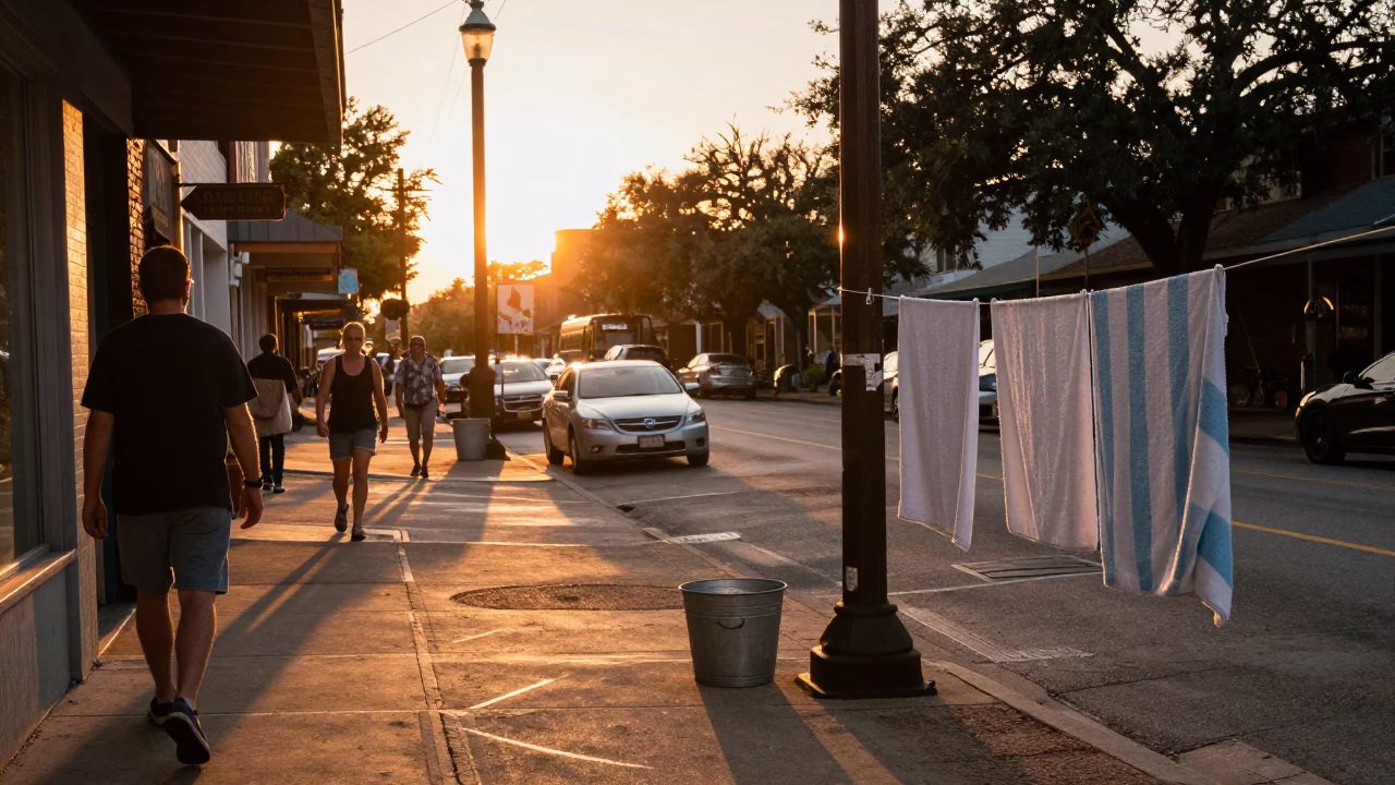 Busy Austin Texas Sunset Street Scene with Drying Towels and Metal Bucket in in Austin, Texas, United States